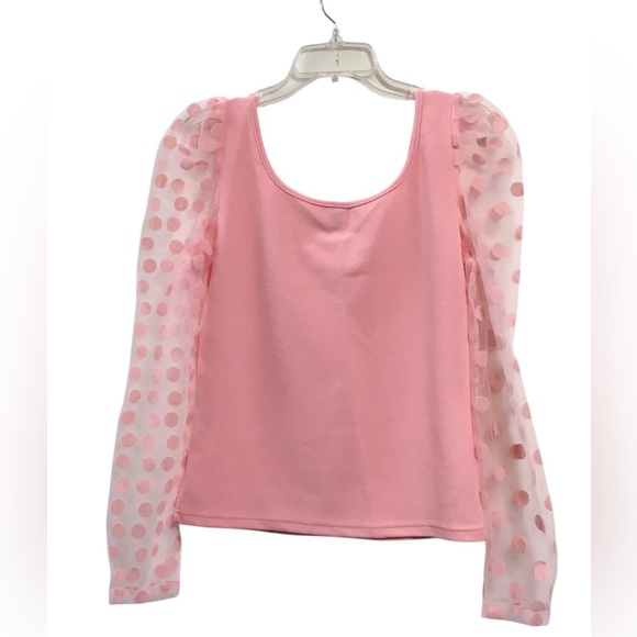Pink Puff-Sleeve Polka Dot Mesh Top - Picture 2 of 2